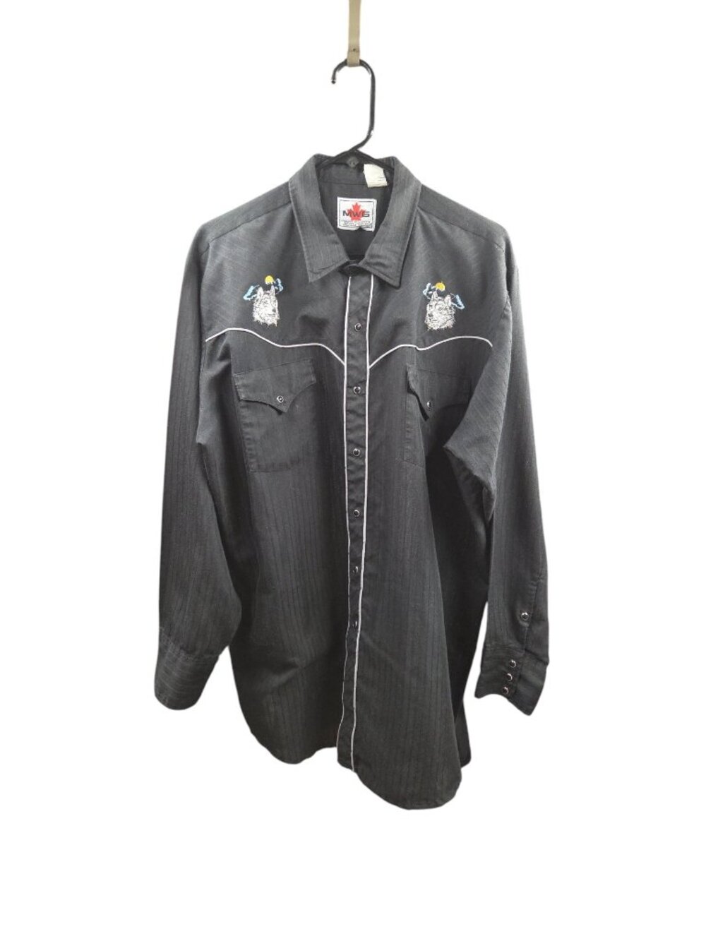 MWG Western Wolf Embroidered Men's XXL Pearl Snap Long Sleeve Shirt Black VTG